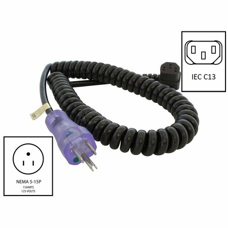 Ac Works UP to 6.5ft 10A 18/3 Coiled Medical Grade Power Cord with Right C13 Connector MDC515RC13-V1